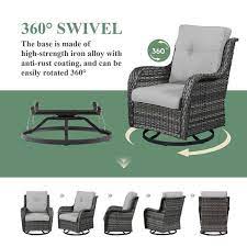 Pocassy Gray 3 Piece Wicker Patio Conversation Deep Seating Set With Gray Cushions All Weather Swivel Rocking Chairs
