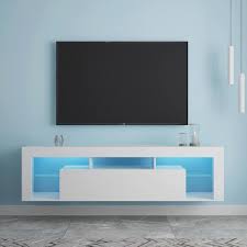 Seafuloy 63 In White Wall Mounted Floating Mdf Tv Cabinet With 16 Colors Of Led Lights And 2 Drawers