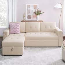 78 In W Beige Reversible Velvet Sleeper Sectional Sofa Storage Chaise Pull Out Convertible Sofa In Beige