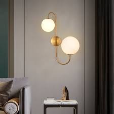 Modern Wall Sconce White Globe Glass Shade 2 Light Wall Lamp In Aged Brass