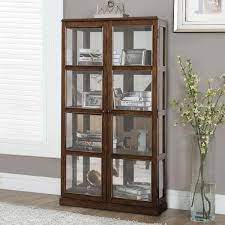 Benzara Bm187168 Transitional Wooden Curio Cabinet With Two Glass Doors And Four Shelves Oak Brown