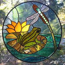 Frog And Dragonfly Round Stained Glass