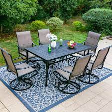 7 Pieces Metal Outdoor Patio Dining Set With Texene Swivel Chairs With Curve Arms