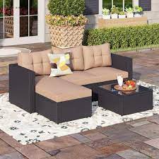 Black Rattan Wicker 3 Seat 3 Piece Steel Outdoor Patio Sectional Set With Beige Cushions And Coffee Table