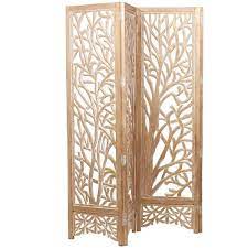 Litton Lane 6 Ft Gold 4 Panel Tree Hinged Foldable Partition Room Divider Screen With Intricately Carved Designs Brown