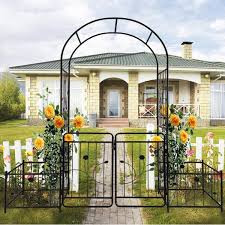 86 6 In X 79 5 In Metal Arbor Garden Arch With Gate Climbing Plants Support Rose Arch Outdoor In Black