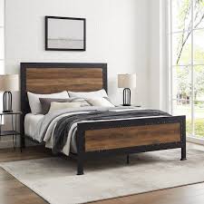 Walker Edison Industrial Wood And Metal Panel Bed Rustic Oak Queen