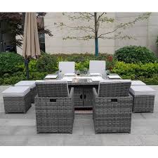 Direct Wicker Belle Gray 11 Pieces Wicker Outdoor Rectangular Patio Gas Fire Pit Sitting Set With Gray Cushions