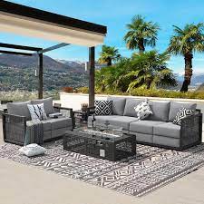 5 Piece Luxury Gray Wicker Patio Fire Pit Deep Seating Sofa Set Extra Thick Light Gray Olefin Cushions
