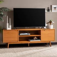 Welwick Designs 70 In Caramel Solid Wood Mid Century Modern Tv Stand With 2 Doors Max Tv Size 80 In
