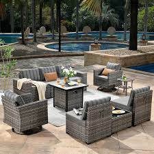 Metis 10 Piece Wicker Outdoor Patio Fire Pit Sectional Sofa Set With Stripes Gray Cushions And Swivel Rocking Chairs