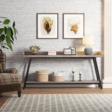 Turrella 70 9 In Gray Rectangle Engineered Wood Console Table Extra Long Sofa Table With 2 Tier Shelf