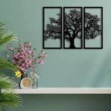 Black Mdf Stagum Tree 3 Pieces Wall Art