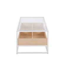 Lumisource Display Coffee Table In White Metal Natural Wood And Clear Glass