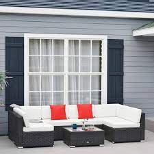 Outsunny 7 Piece Outdoor Patio Furniture Set Pe Rattan Wicker Sectional Sofa Set With Couch Cushions Pillows Coffee Table Orange White