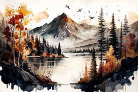 Watercolor Landscape With Mountains