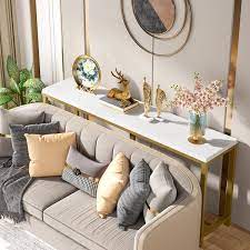 Turrella 70 9 In Gold White Wood Long Console Table Narrow Skinny Modern Behind Sofa Couch Table
