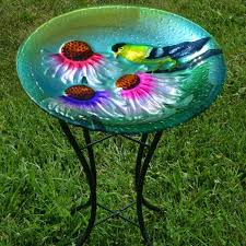 Goldfinch Glass Bird Bath W Stand