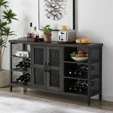 Yofe Gray And Black Rustic Wood Wine Bar Cabinet For Liquor And Glasses Double Sideboard And Buffet Cabinet Wine Rack Table Gray Black