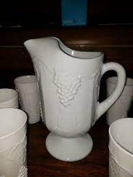 Vintage White Milk Glass Pitcher And 7