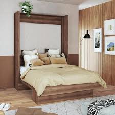 Easy Lift Brown Wood Frame Queen Murphy Bed With Shelf
