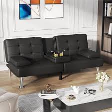 65 In Convertible Folding Futon Sofa Bed Black Faux Leather Upholstered Roomy Love Seat