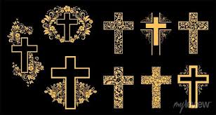 Religion Gold Cross Icon Set Isolated