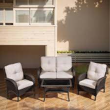 Brown 4 Piece Wicker Outdoor Loveseat Set Patio Rattan Loveseat 2 Lounge Chairs And Coffee Table With Beige Cushions