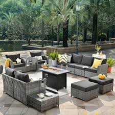 Eufaula Gray 13 Piece Wicker Modern Outdoor Patio Fire Pit Conversation Sofa Seating Set With Black Cushions