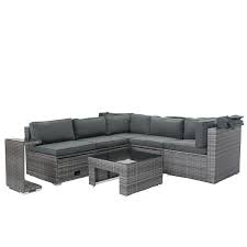7 Piece Wicker Rattan Outdoor Sectional Patio Furniture Sofa Set With Retractable Canopy With Washable Gray Cushions