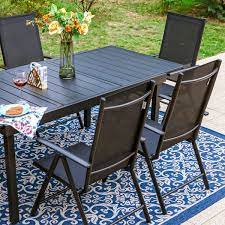 7 Piece Black Metal Patio Outdoor Dining Set With Extendable Table And Black Folding Reclining Sling Chairs