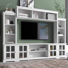 Harper Bright Designs White Minimalism Style Tv Stand Fits Tv S Up To 70 In With 3 Tier Shelves And Tempered Glass Door