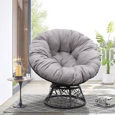 Tenleaf Metal Steel Frame 360 Swivel Outdoor Lounge Chair With Gray Cushion Comfy Circle Lounge Moon Chair