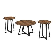 3 Piece Reclaimed Barnwood And Metal Wrap Industrial Coffee And Side Table Set