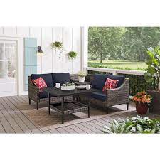 Hampton Bay Prestley Park 4 Piece Steel Patio Conversation Sectional Set With Cushionguard Midnight Navy Blue Cushions