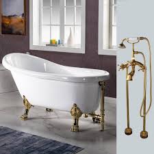 Woodbridge Helena 59 In Heavy Duty Acrylic Slipper Clawfoot Bath Tub In White Faucet Claw Feet Drain Overflow In Polished Gold White With