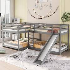 Anbazar Gray L Shaped Full And Twin Size Bunk Beds With Slide And Ladder Double Wood Bunk Beds For 4 Kids And Teens