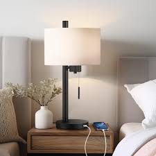 True Fine 23 In Black Modern Table Lamp With Usb Port And White Linen Shade