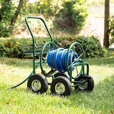 Glitzhome 1429004167 250 Ft Green Steel 4 Wheel Garden Hose Reel Cart