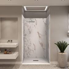 48 In L X 34 In W X 84 In H Solid Composite Stone Shower Kit With Caramel Walls Cntr White Slate Shower Pan Base