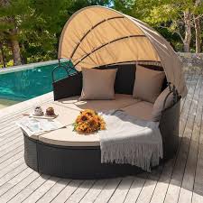 Chillrest Black Rattan Wicker Outdoor Patio Round Daybed With Retractable Canopy And Beige Cushions