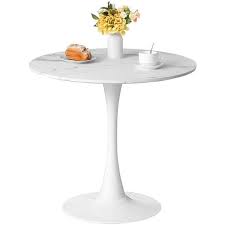 Fabulaxe 31 5 White Round Tulip Table With Modern Marble Painting Top And Sy Wooden Pedestal Stand Mdf Accent Dining Table