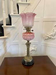 Antique Victorian Brass And Pink Glass