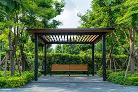 Wood Gazebo With Bench In Garden