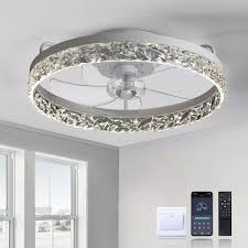 Fannehonne Ca000110202 Lidia 19 68 In Indoor Modern White Crystal Flush Mount Ceiling Fan With Light White Led Ceiling Fan For Bedroom