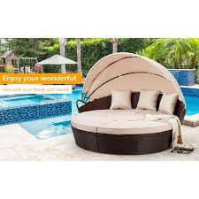 Runesay Wicker Outdoor Day Bed Rattan Sectional Round Sofa Clearance With Beige Cushions Retractable Canopy