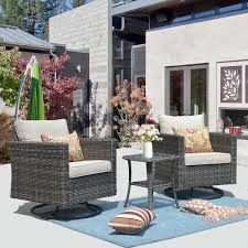 Megon Holly Gray 3 Piece Wicker Patio Conversation Seating Sofa Set With Beige Cushions And Swivel Rocking Chairs