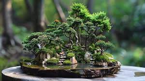 Bonsai Trees Moss Rocks And A Waterfall