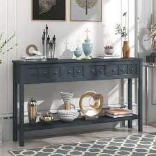 60 In L Navy Rectangle Wood Rustic Entryway Console Table Long Sofa Table With Two Size Drawers And Bottom Shelf