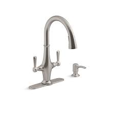 Kohler Pannier Two Handle Pull Down Sprayer Kitchen Faucet In Vibrant Stainless